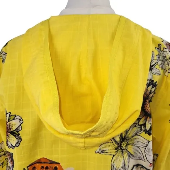 Chico’s Size 1 Medium Yellow Floral 100% Cotton Hoodie Roll Tab Sleeves Pockets - Picture 11 of 14